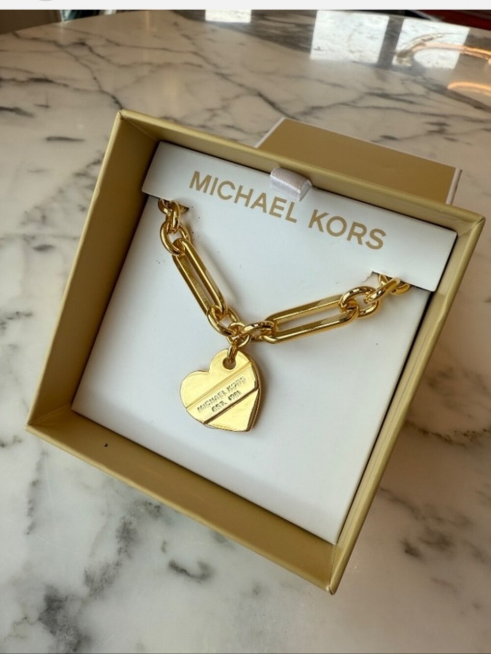 Michael Kors Gold Heart Padlock Link Necklace with Engraved Pendant Chunky